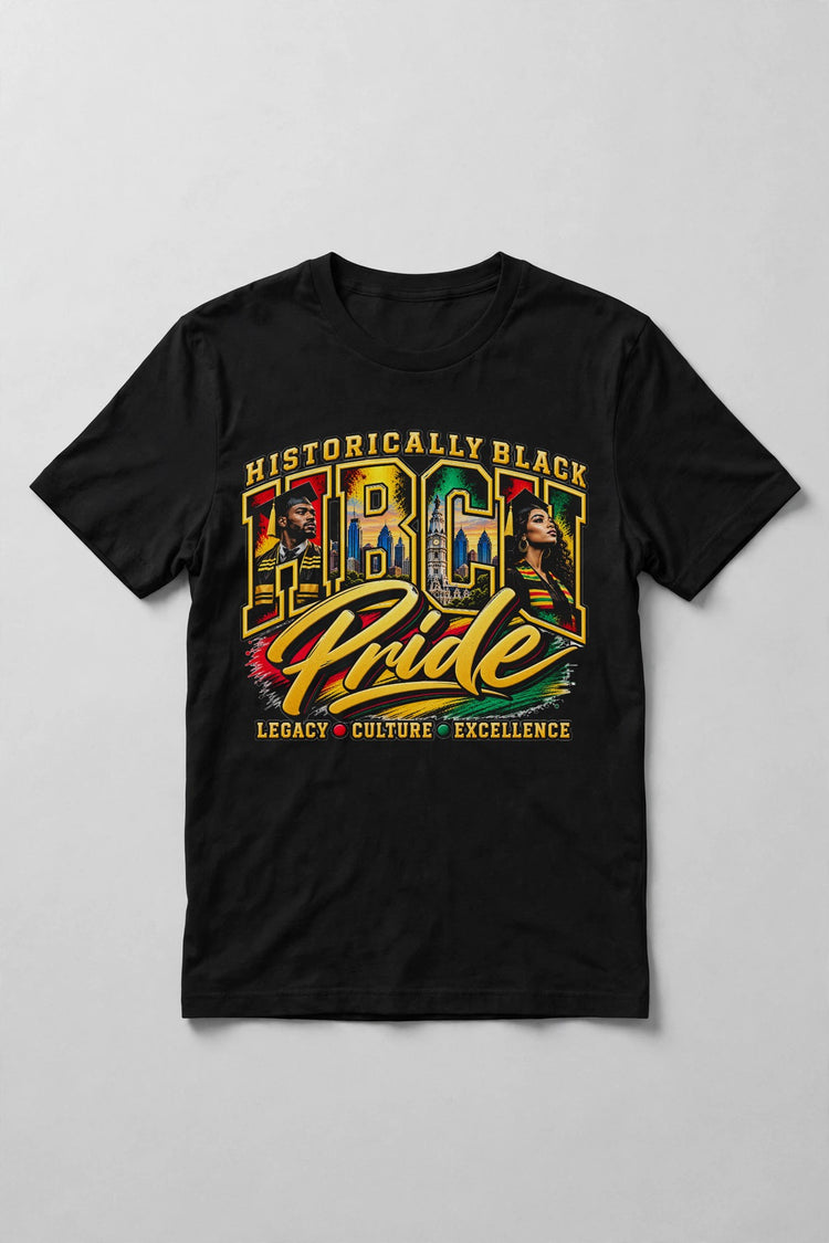 HBCU Pride tee mockup — black t-shirt, front view