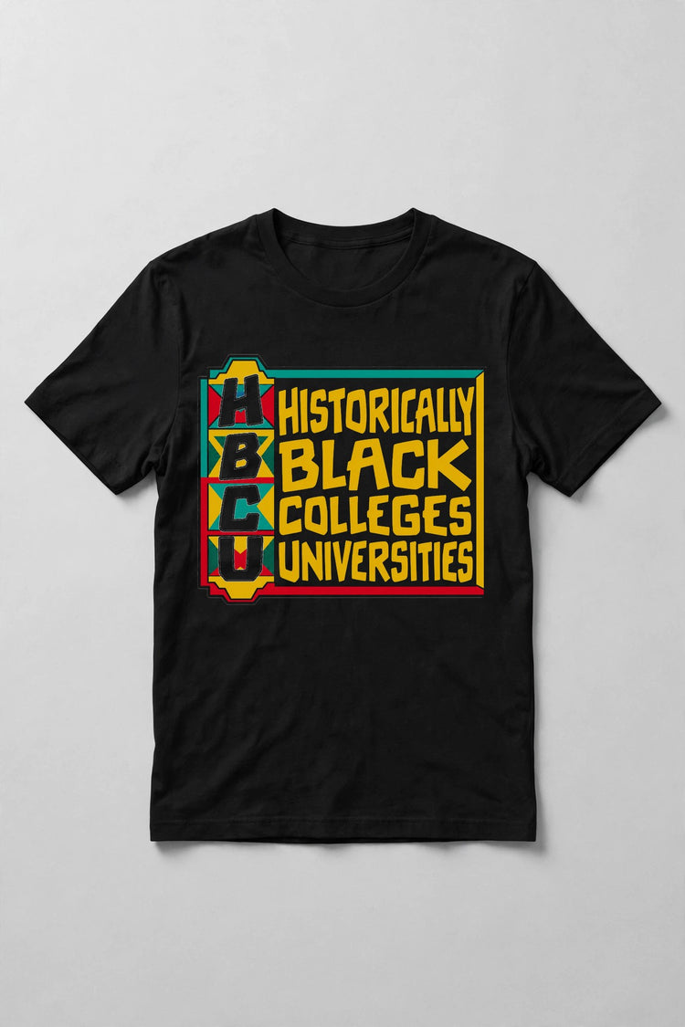 HBCU Block tee mockup — black t-shirt, front view