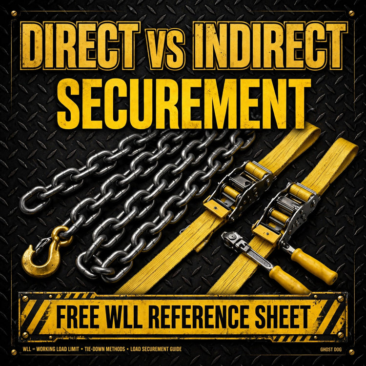 Promotional graphic for a 'Free WLL Reference Sheet' comparing 'Direct vs Indirect Securement' using yellow webbing straps and metal chains on a black diamond plate background.