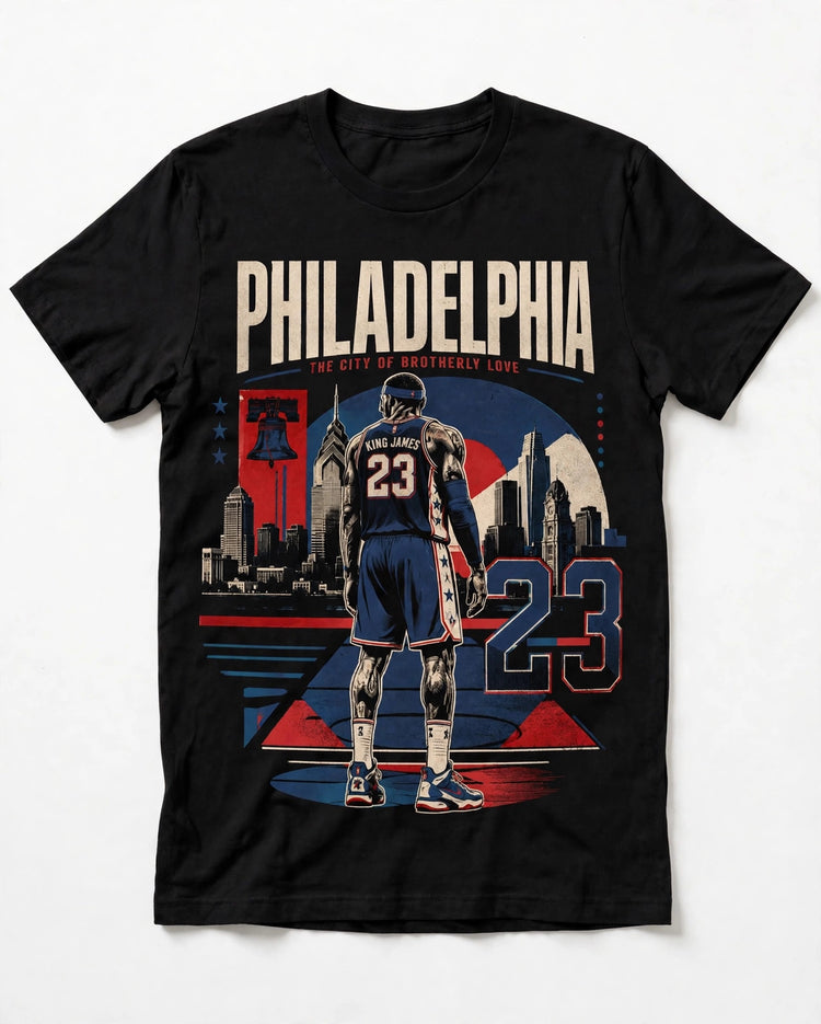 Philadelphia King James 23 tee mockup — black t-shirt, front view